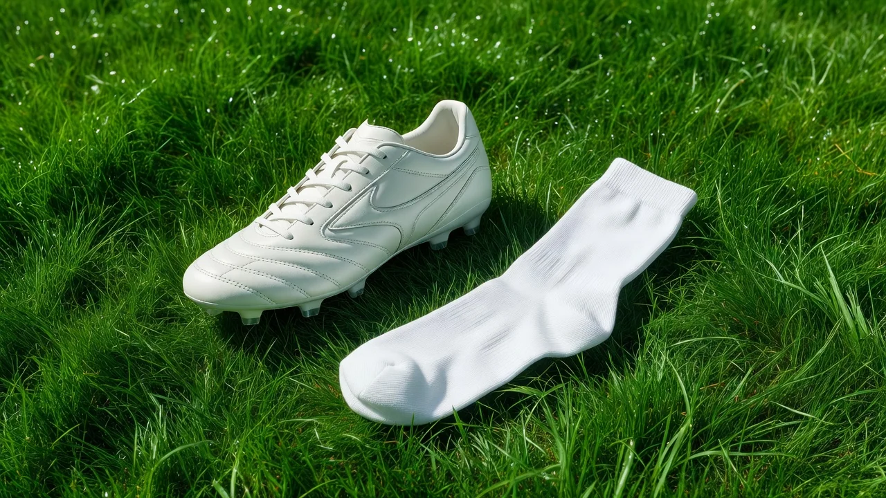 Football boot beside a blank white sports sock on vivid grass