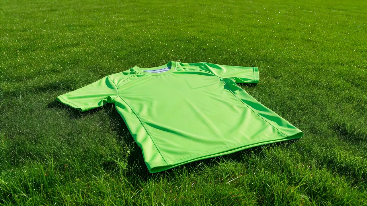 Bright green goalkeeper jersey laid flat on vivid grass