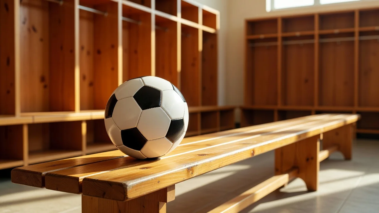 Soccer ball on a bright wooden locker room bench, warm daylight