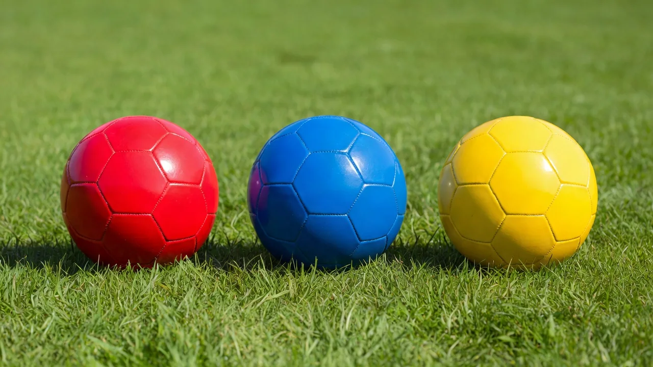 Three footballs of different vivid colours lined on bright grass