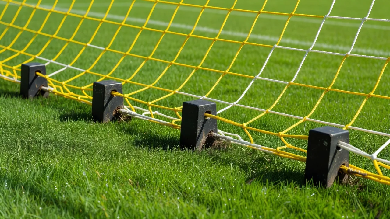 Football net pegs and bright mesh detail on vivid grass