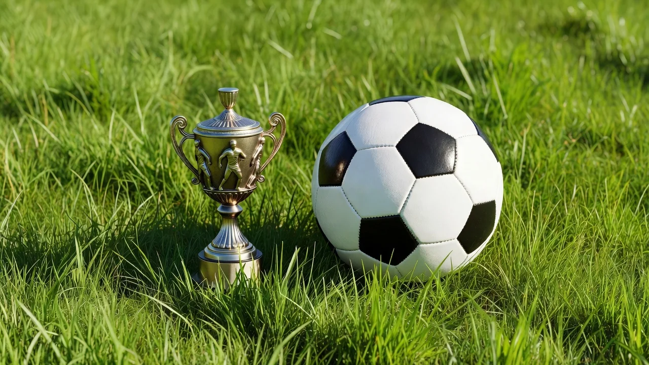 Mini football trophy replica beside a soccer ball on bright grass