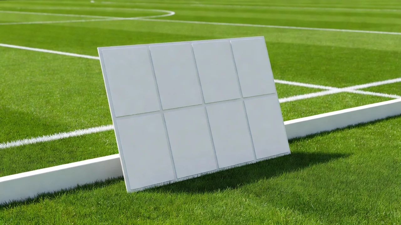 Substitution board with blank panels leaning on a bright pitch sideline