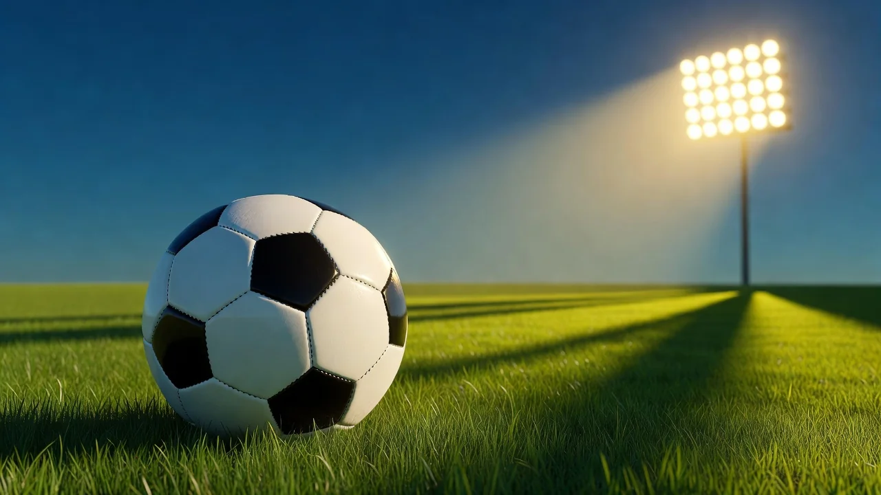 Soccer ball under a bright floodlight glow against deep blue sky