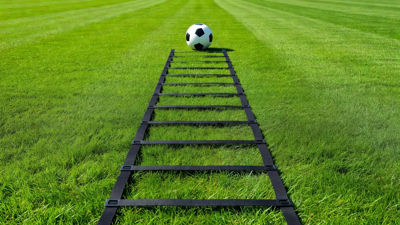 Training agility ladder on vivid grass with a soccer ball at the end