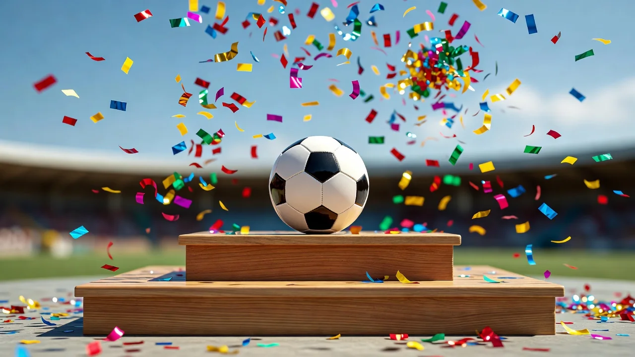 Small podium with a soccer ball on the top step, bright confetti falling