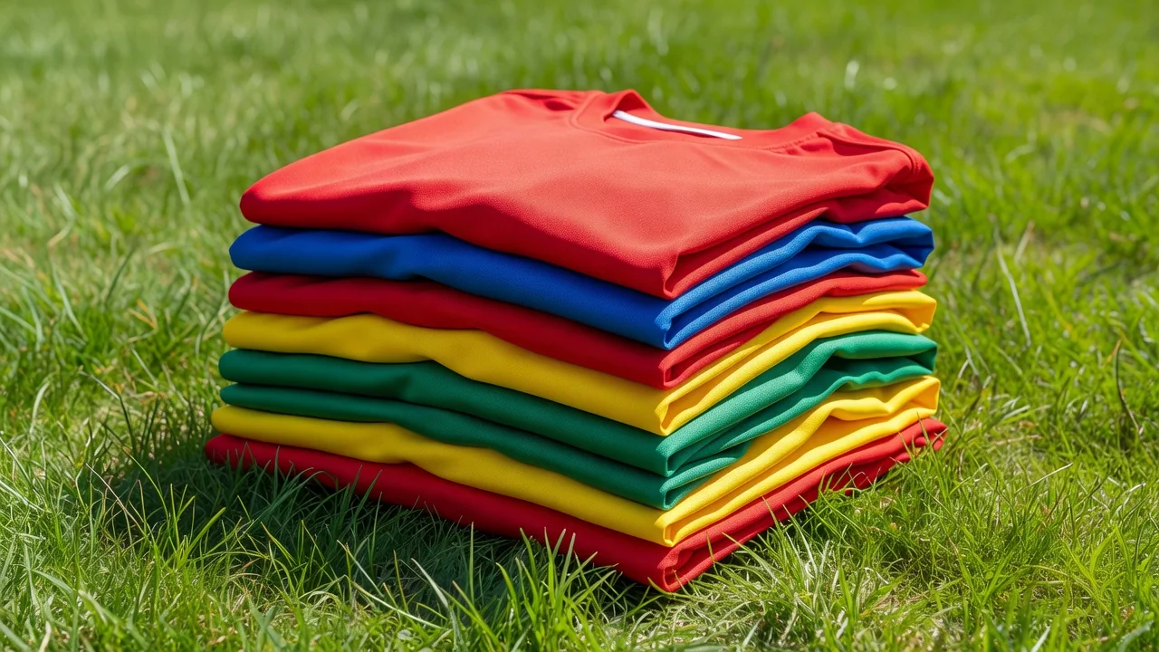 Stack of plain colourful football jerseys folded on bright grass