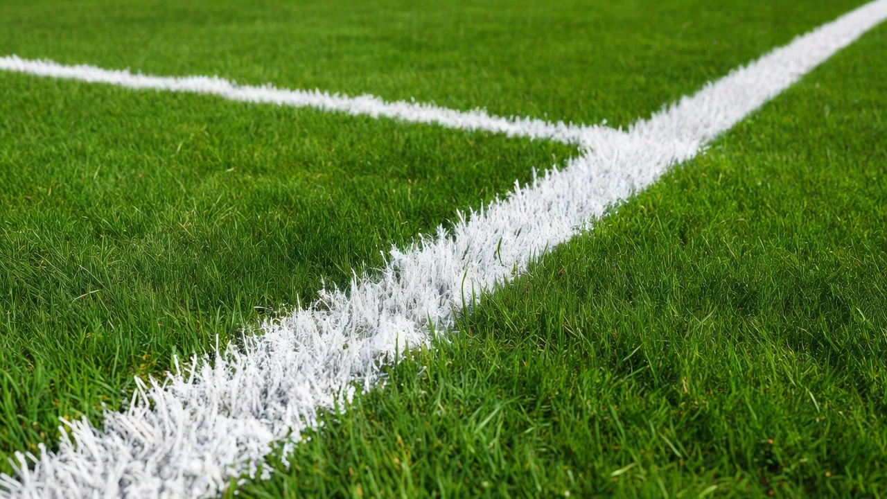 Fresh white chalk pitch line on vivid green grass, macro detail