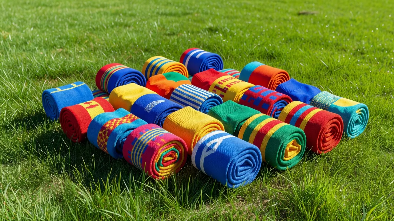Colourful football socks rolled into balls on bright grass