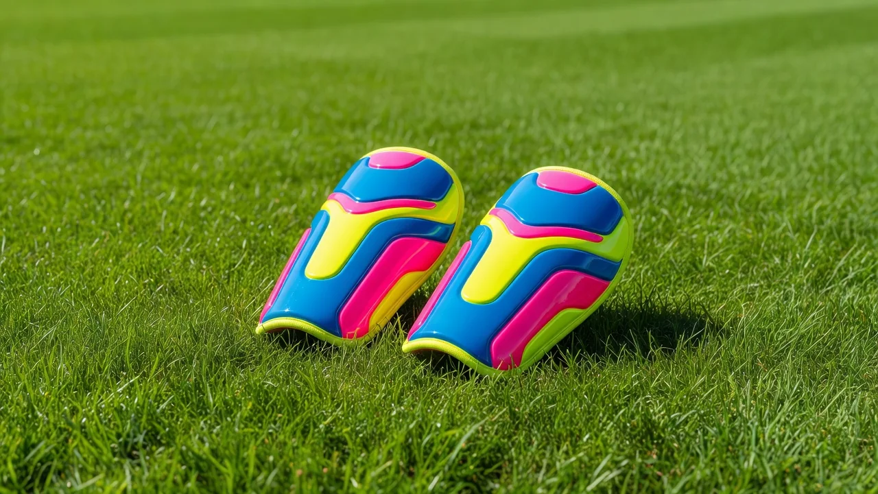 Football shin pads in vivid colours on bright grass, sunny