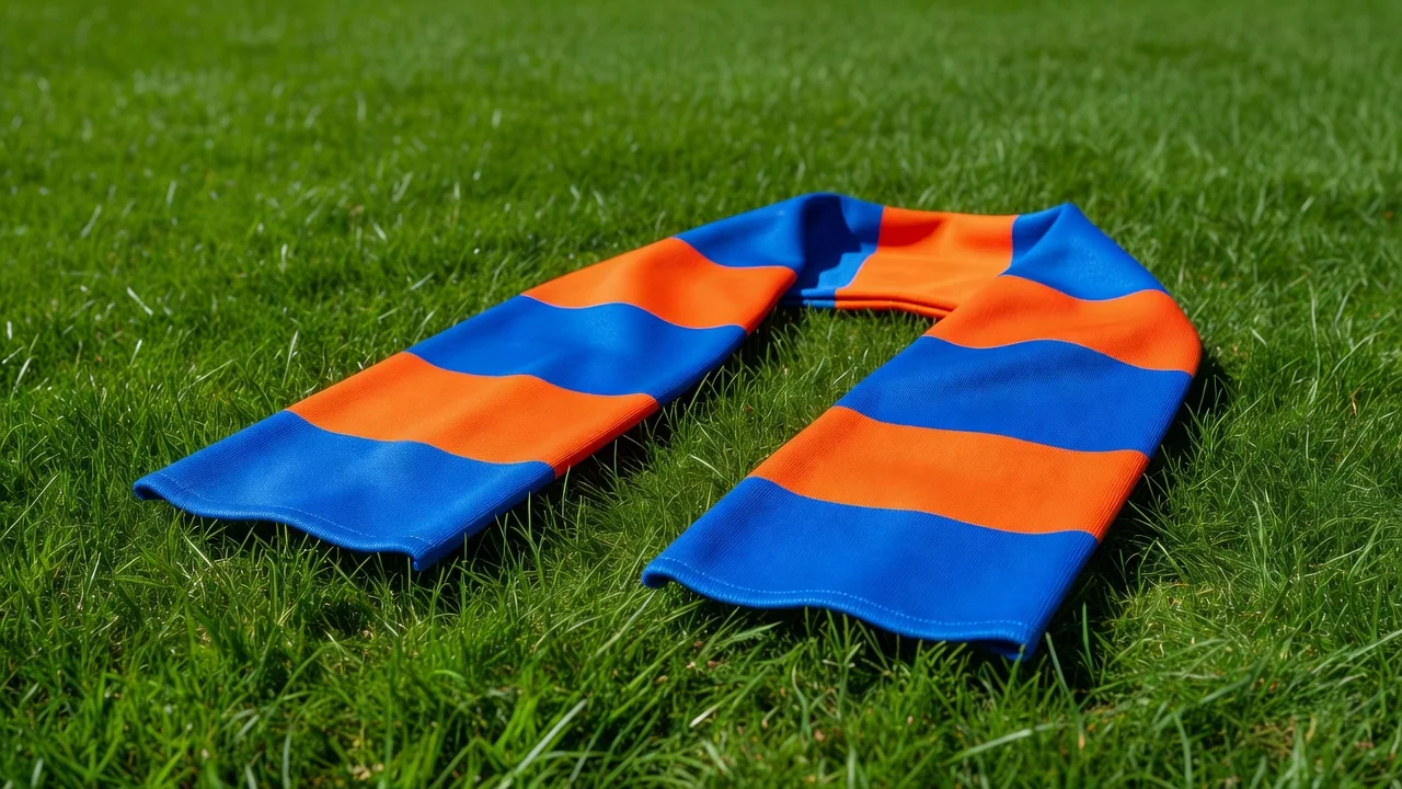 Blank football scarf in two bright colours laid on vivid grass
