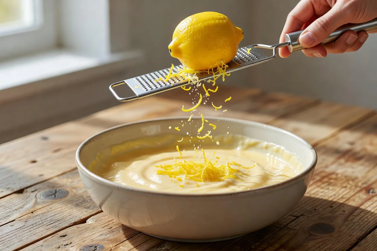 Fresh lemon zest going into cake batter — the oils live in the peel