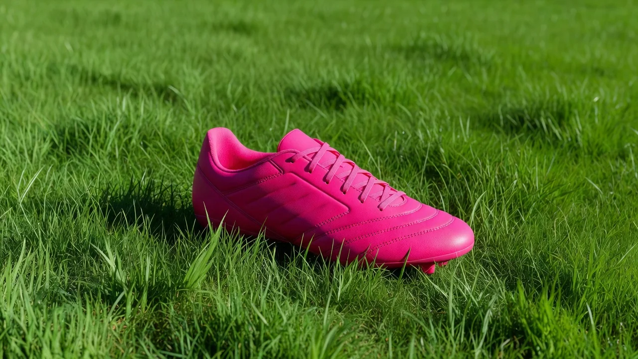 Bright pink football boot on vivid grass, sunny side light