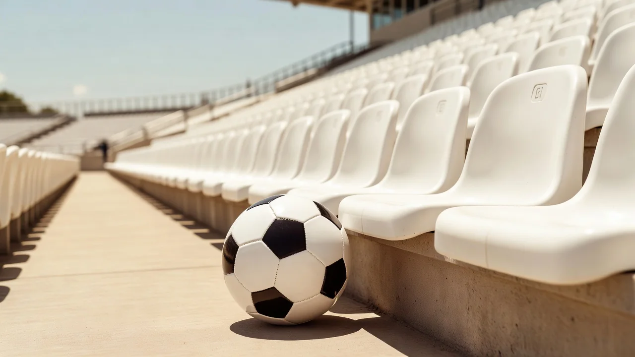 Soccer ball resting against a blank white stadium seat row