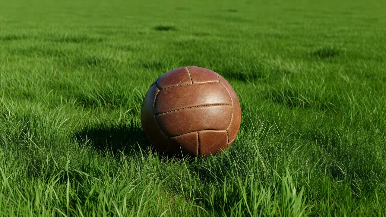 Vintage brown leather football on vivid grass in bright daylight