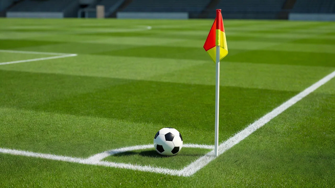 Soccer ball resting on the corner arc beside a vivid corner flag