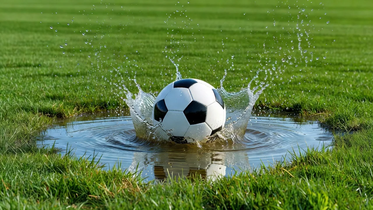 Soccer ball splashing into a puddle on a vivid pitch, frozen droplets
