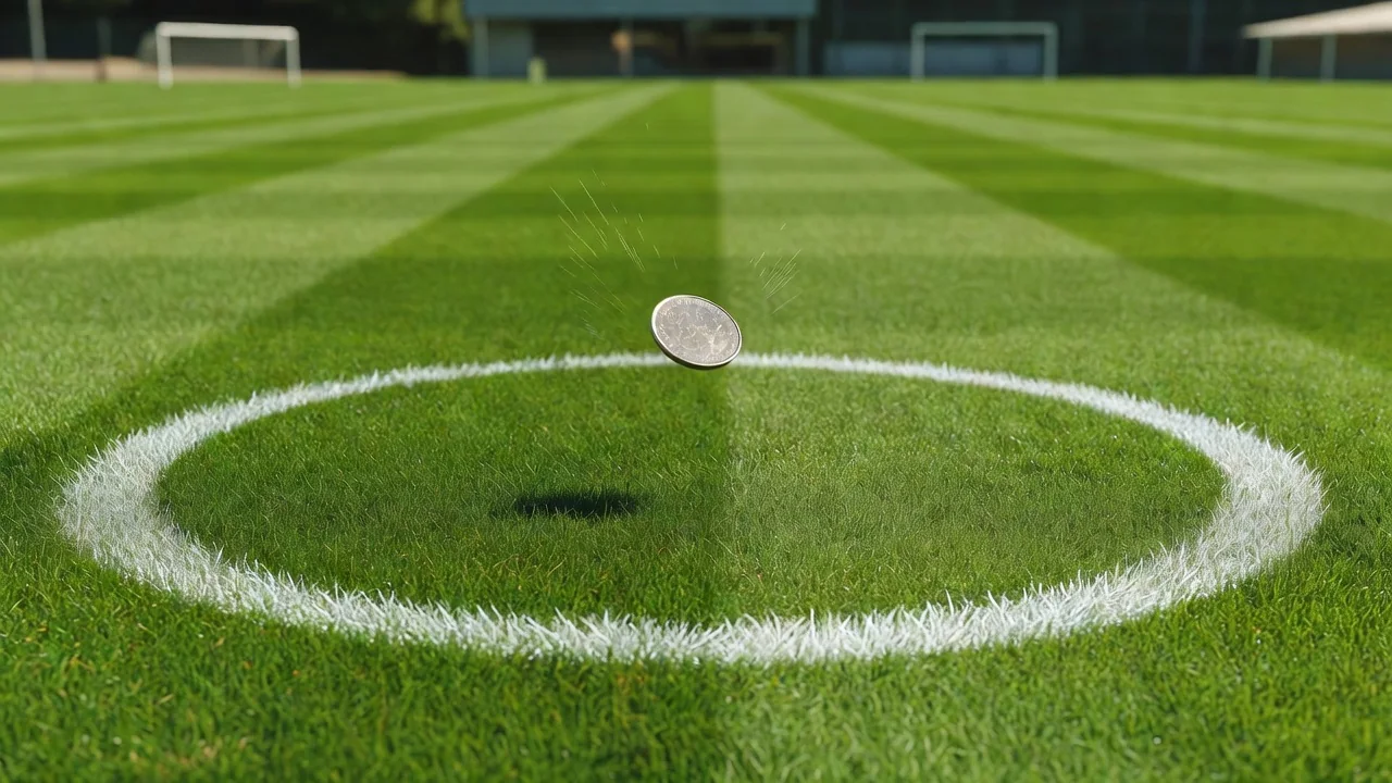 Referee coin mid-flip over a bright centre circle