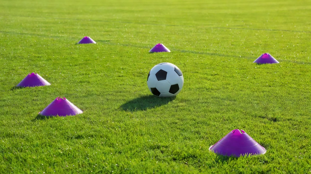 Bright purple training cones and a soccer ball on vivid grass