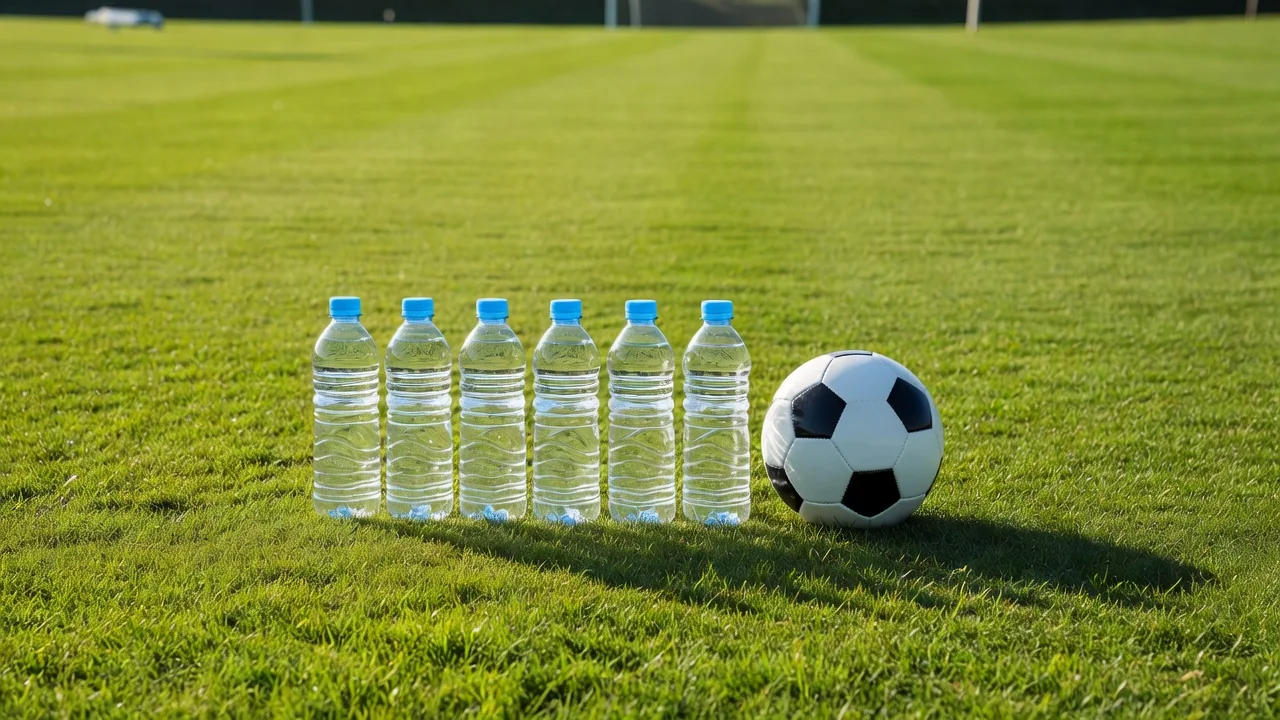 Water bottles lined up beside a soccer ball on a bright training pitch