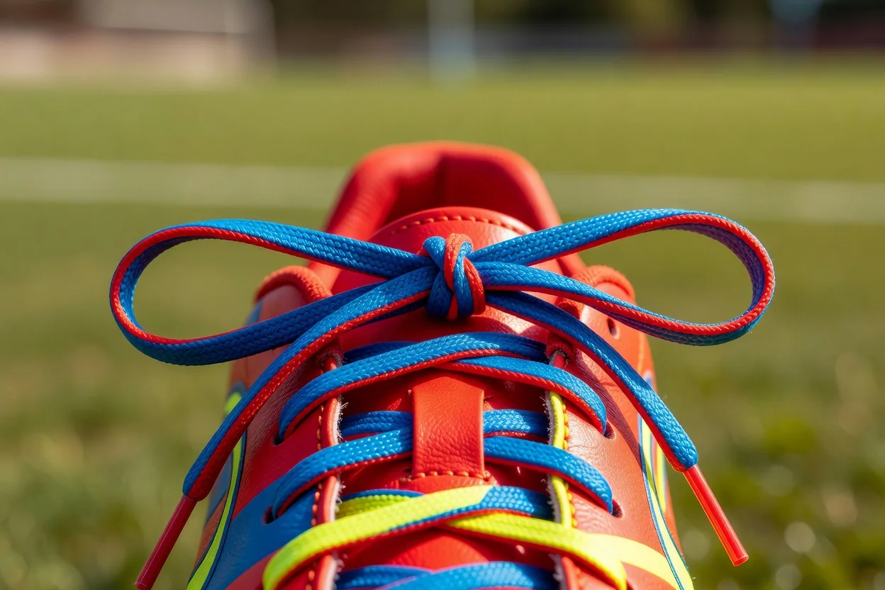 Football boot laces tied in a bow, bright macro on vivid colour