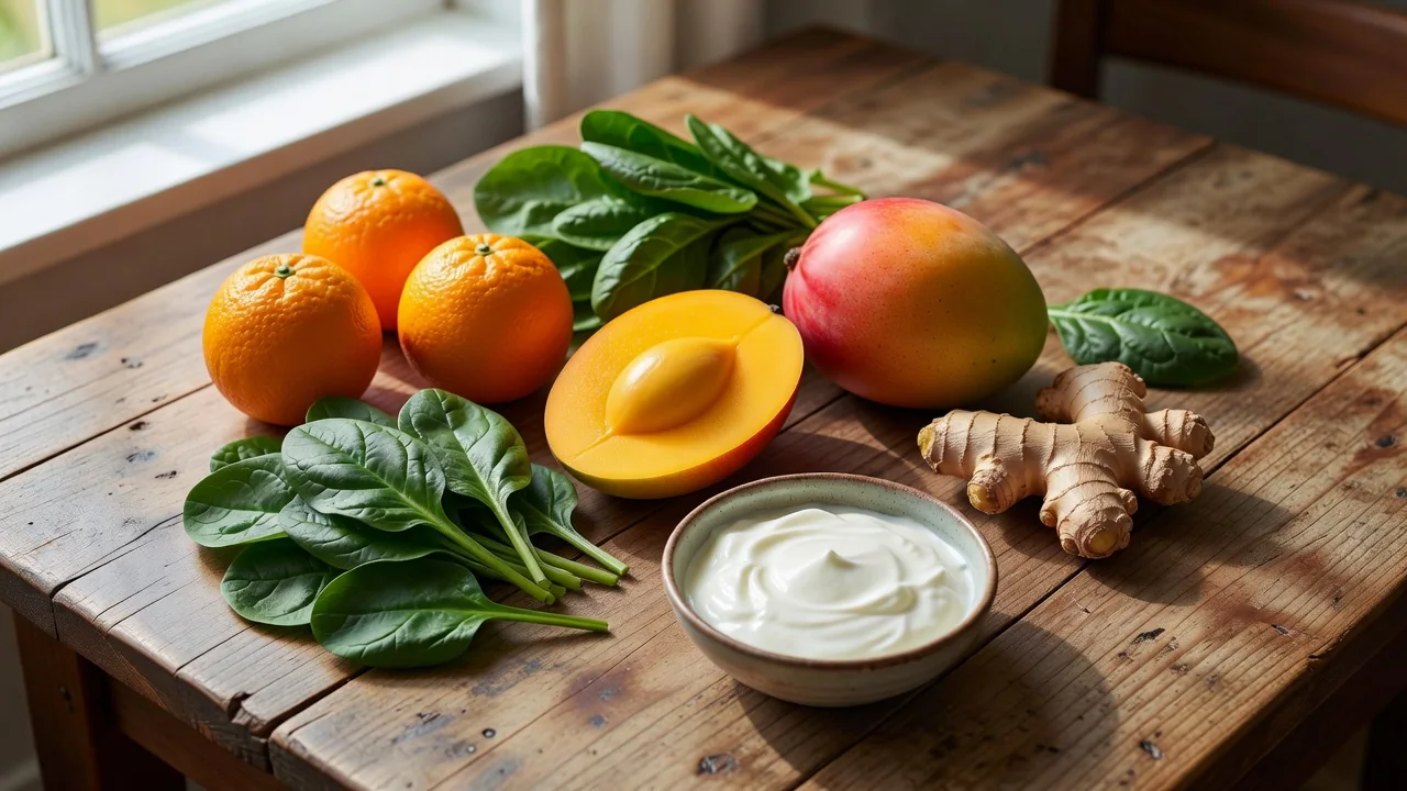 Fresh smoothie ingredients: citrus, greens, mango and ginger