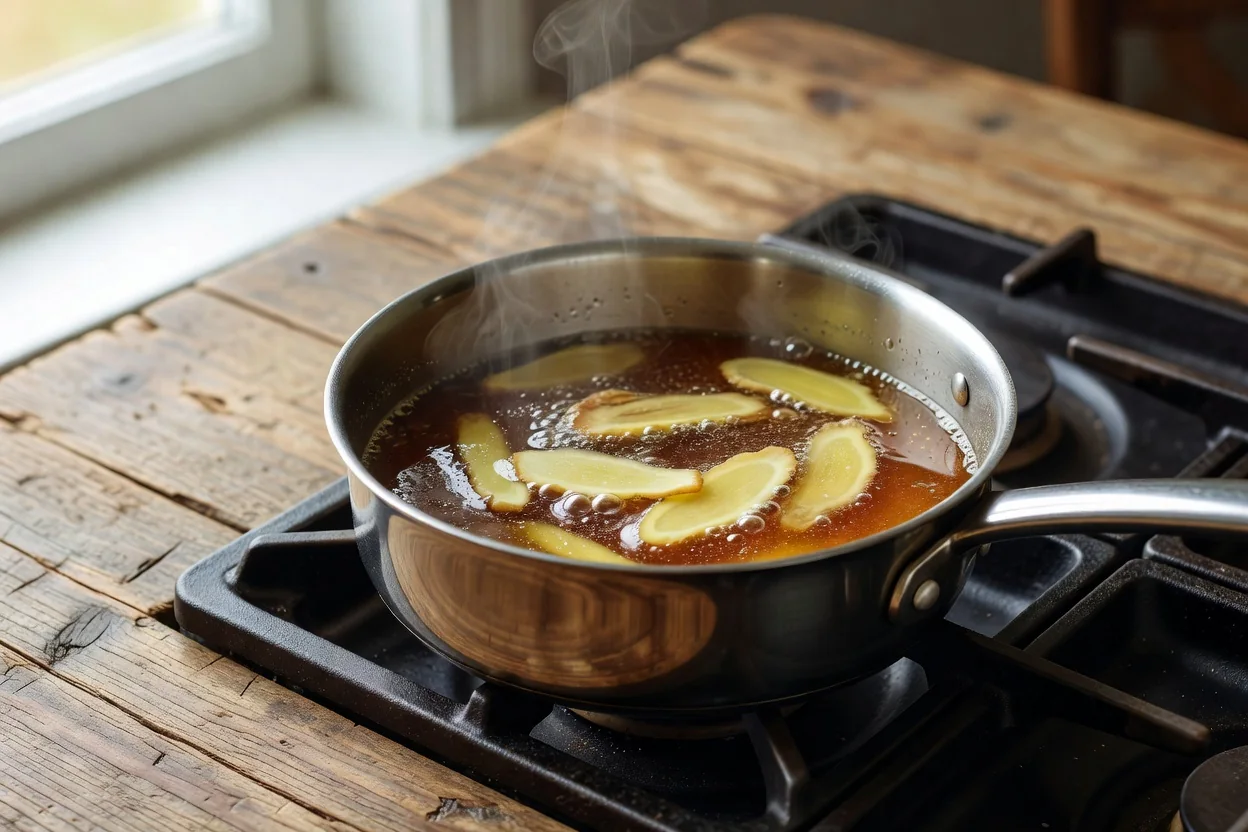 Ginger slices simmering into amber syrup