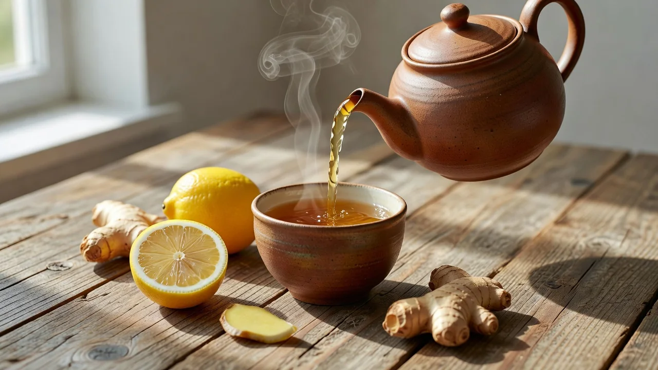 Golden ginger tea poured fresh, with lemon and ginger on the side