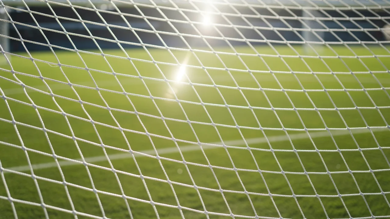 Bright white goal net macro with sunshine flaring through the mesh
