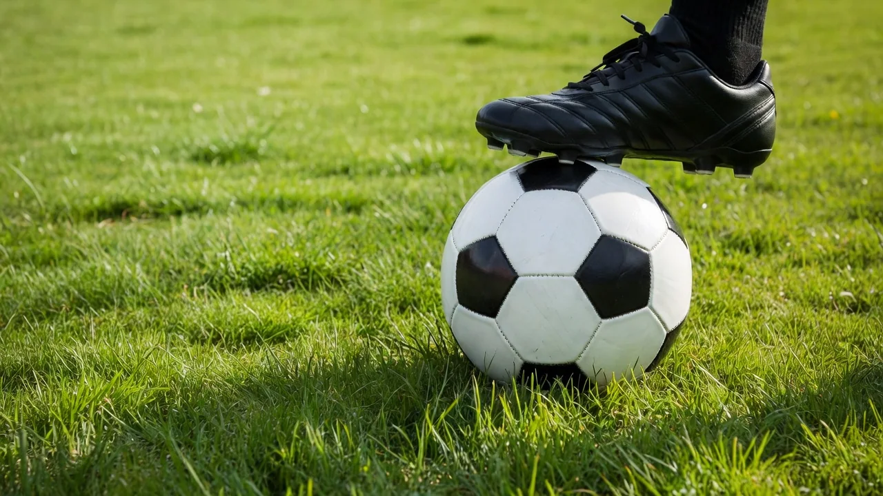 Football boot pressing lightly on a soccer ball on vivid grass