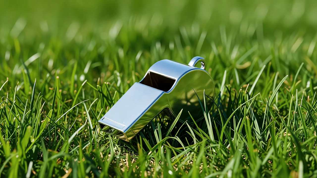 Silver referee whistle lying on bright vivid grass in sunlight
