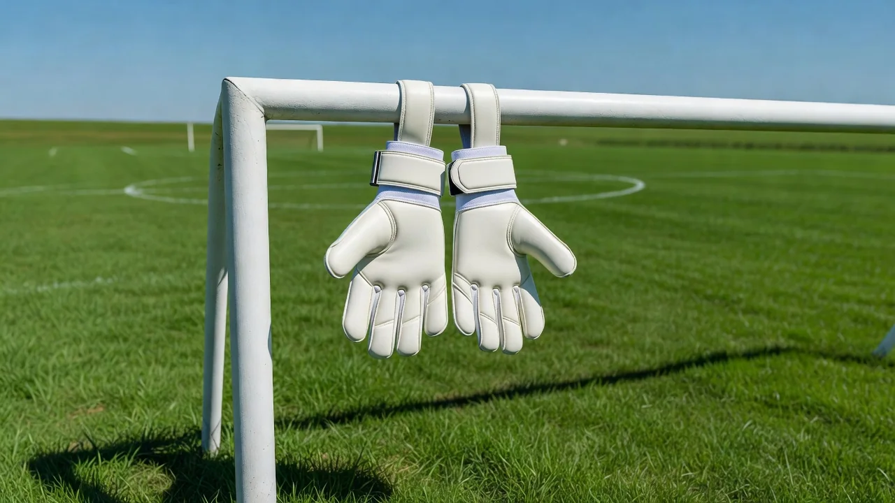 Pair of goalkeeper gloves hanging on a goal post in bright daylight