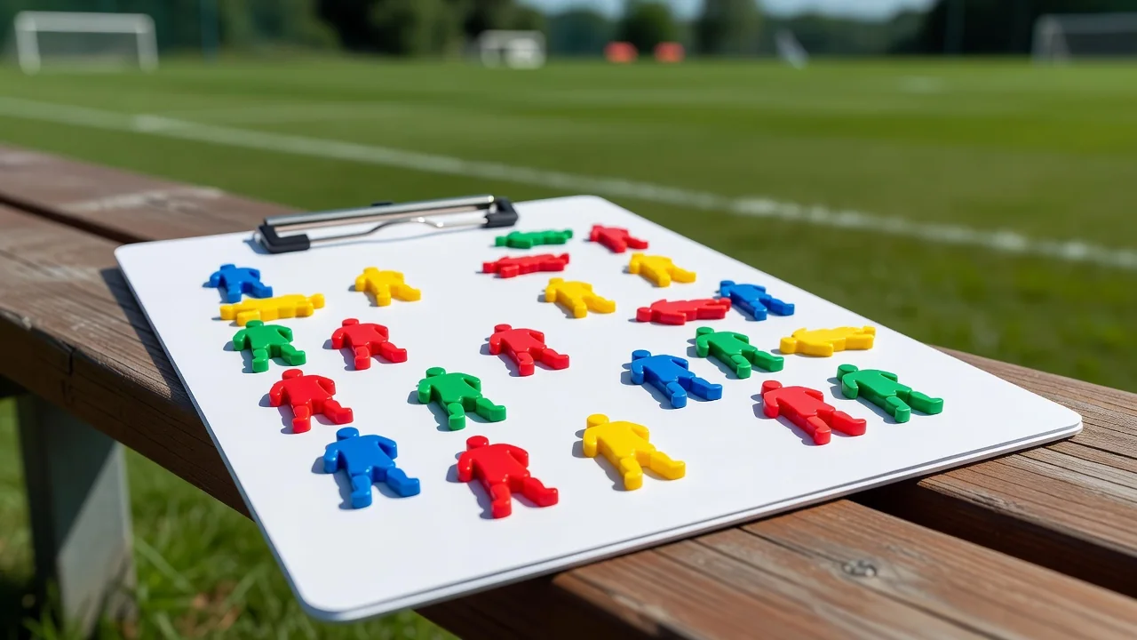 Blank white tactics clipboard with colourful magnets on a bench