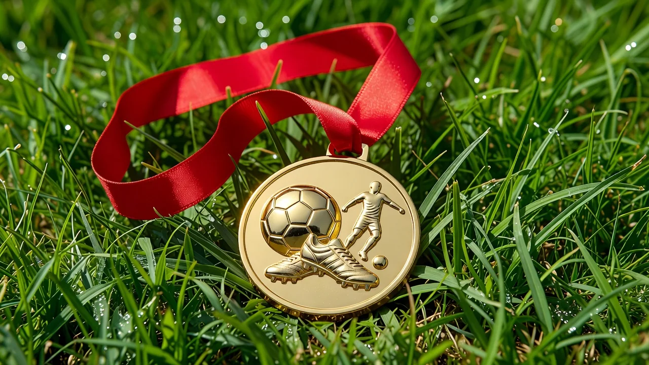 Golden winner medal with a red ribbon on vivid green grass