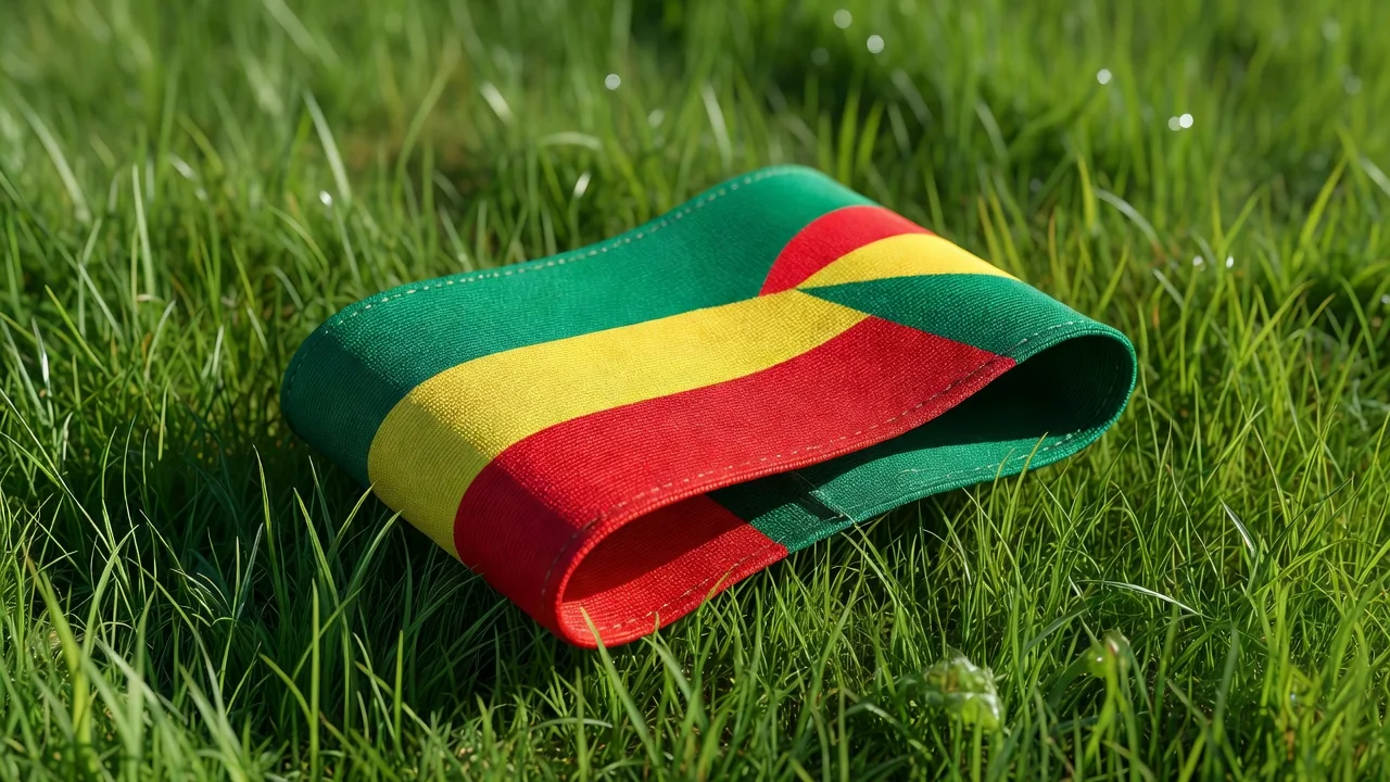 Football captain armband in vivid colour folded on bright grass