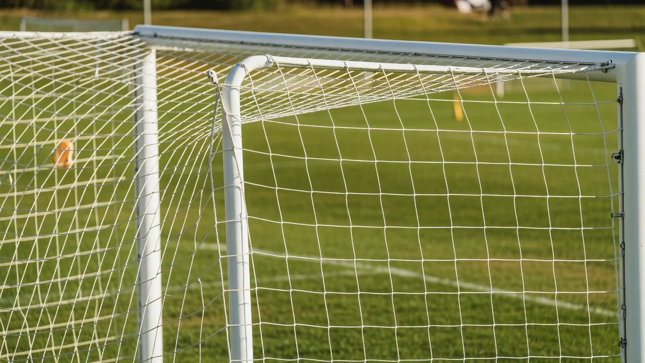 Football goal frame corner with bright white net, sunny close-up