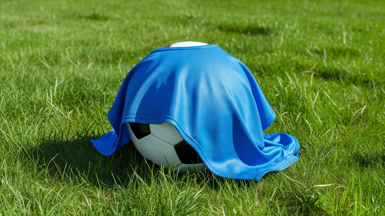 Bright blue training bib draped over a soccer ball on vivid grass