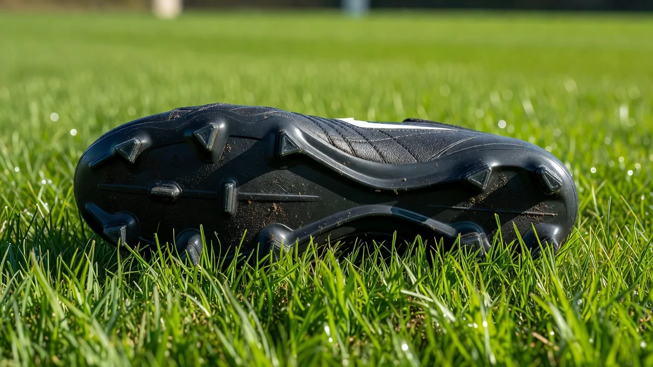 Football boot sole with studs over vivid grass, bright macro
