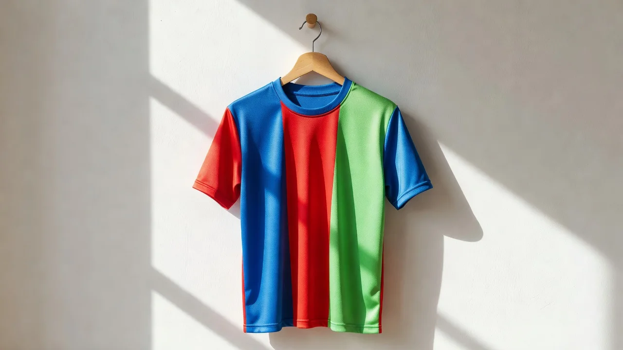 Plain vivid football shirt hanging on a wooden hanger against a bright wall