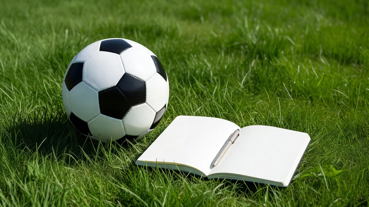 Soccer ball beside a blank open notebook and pen on bright grass