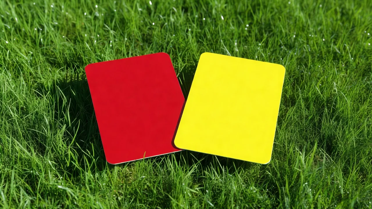 Red and yellow referee cards placed on vivid grass, blank