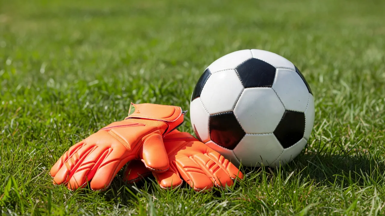 Bright orange goalkeeper gloves resting beside a soccer ball on grass