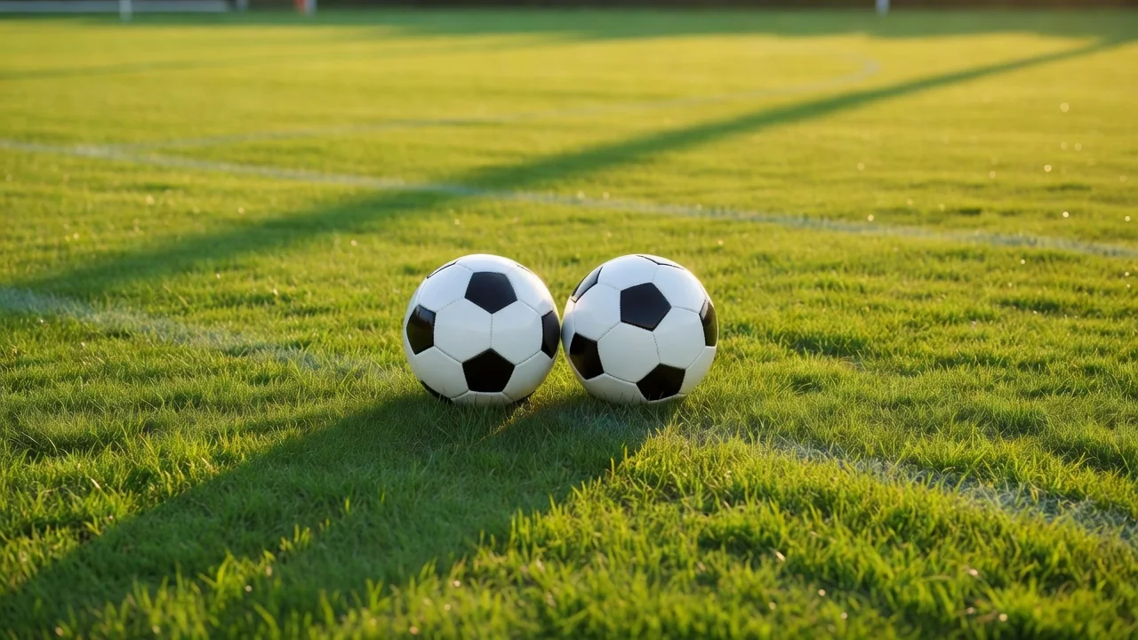 Two soccer balls side by side on a bright pitch at golden hour