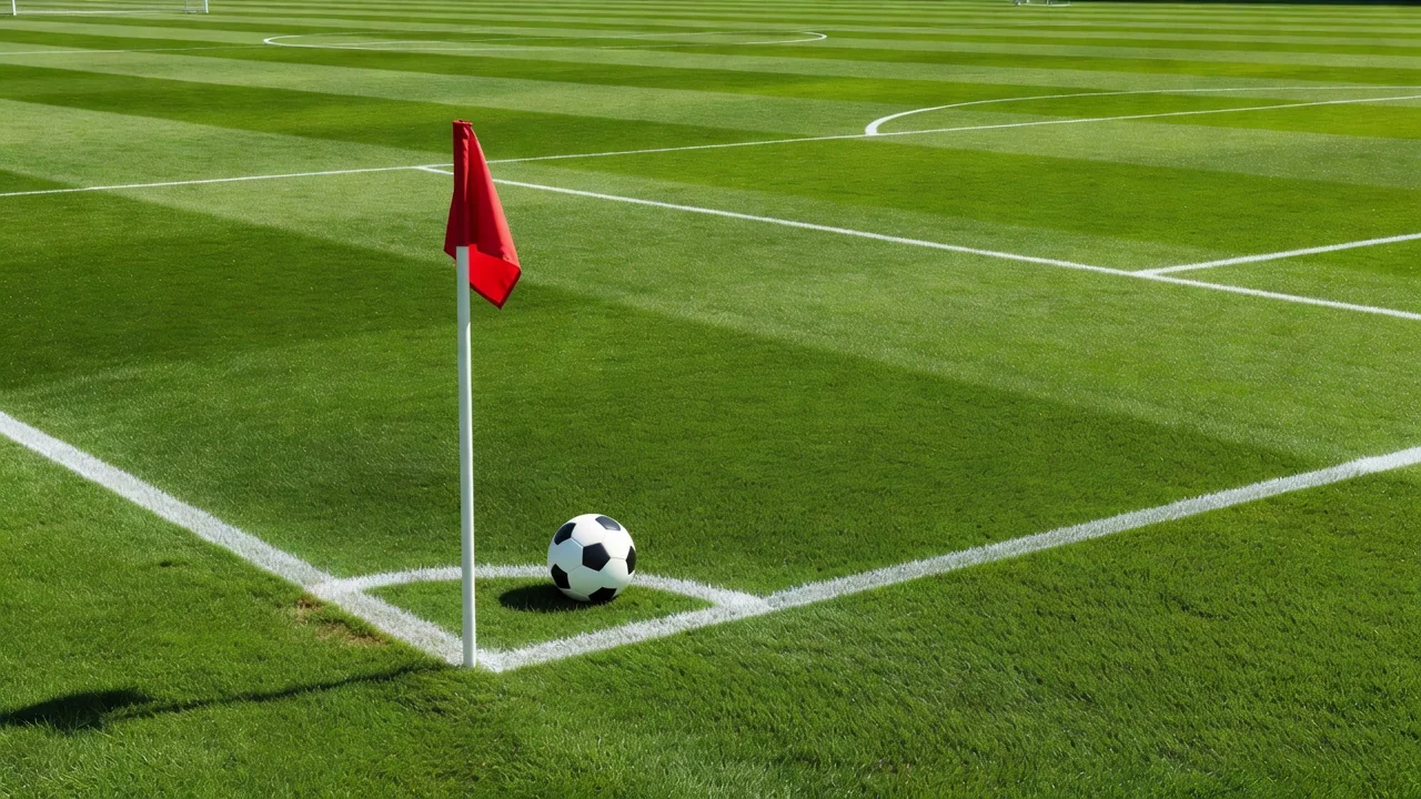 Corner flag and soccer ball near the goal line on a bright pitch