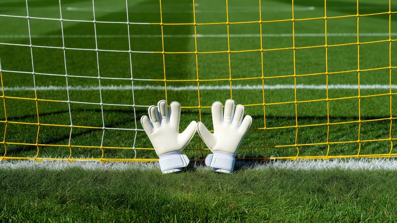 Goalkeeper gloves resting on the goal line in front of a bright net