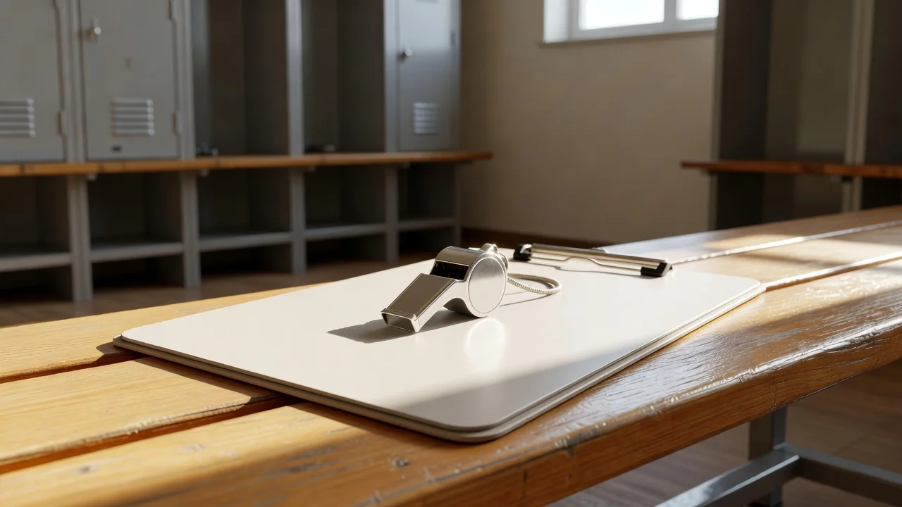 Blank clipboard with a silver whistle on a bright locker room bench