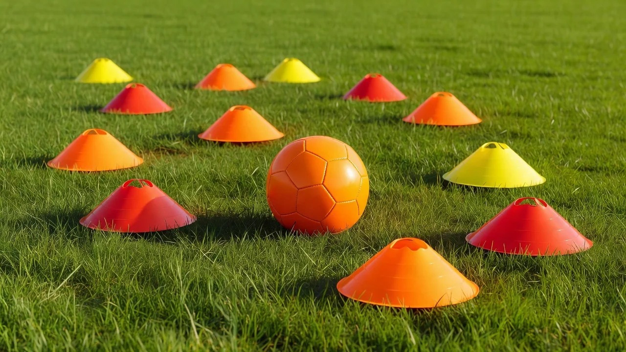 Small youth soccer ball beside bright training cones on vivid grass