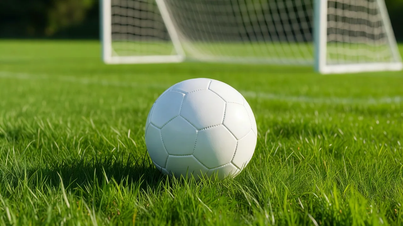 White soccer ball on vivid grass with a goal net softly blurred behind