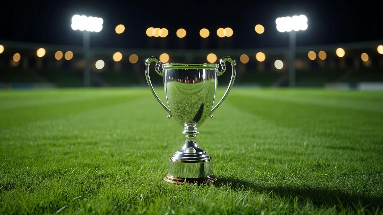 Gleaming silver cup trophy on a night pitch with floodlight bokeh