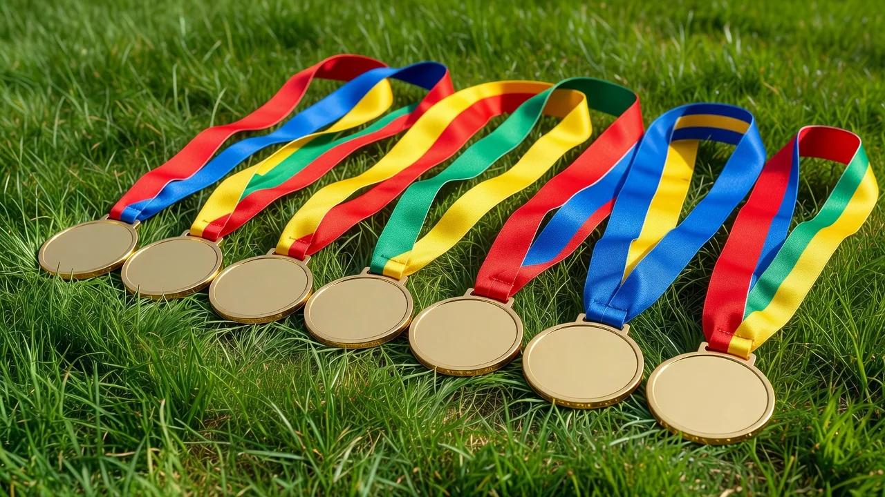 Row of blank gold medals with colourful ribbons laid on bright grass